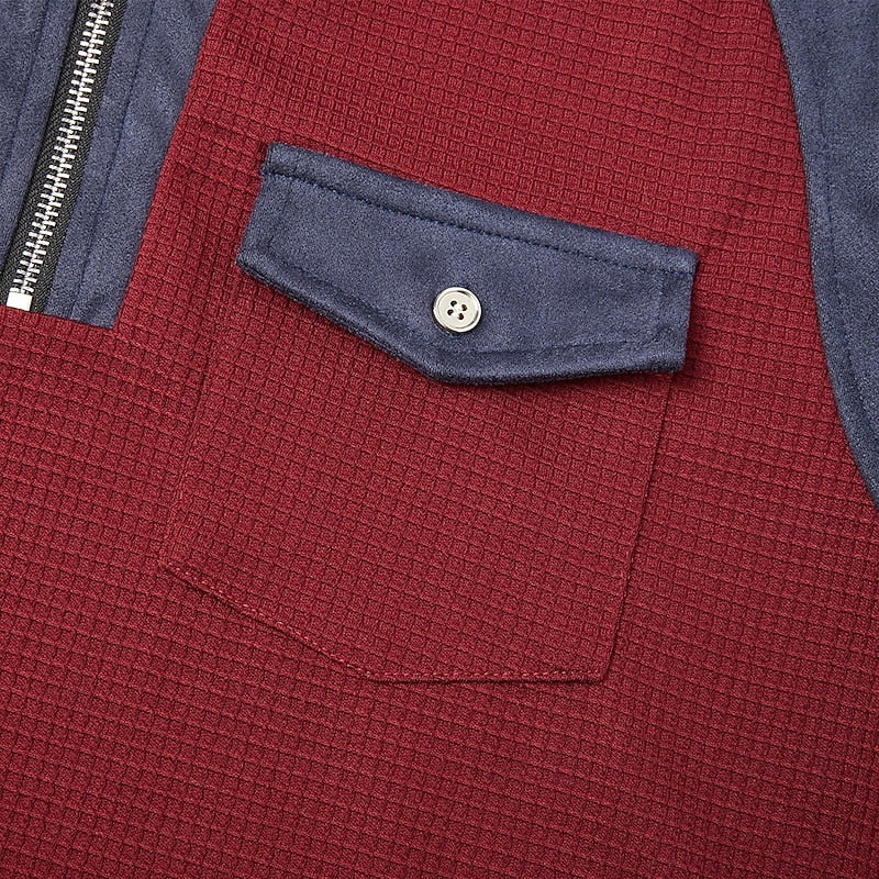 Men's wine textured pullover, detail of chest pocket button