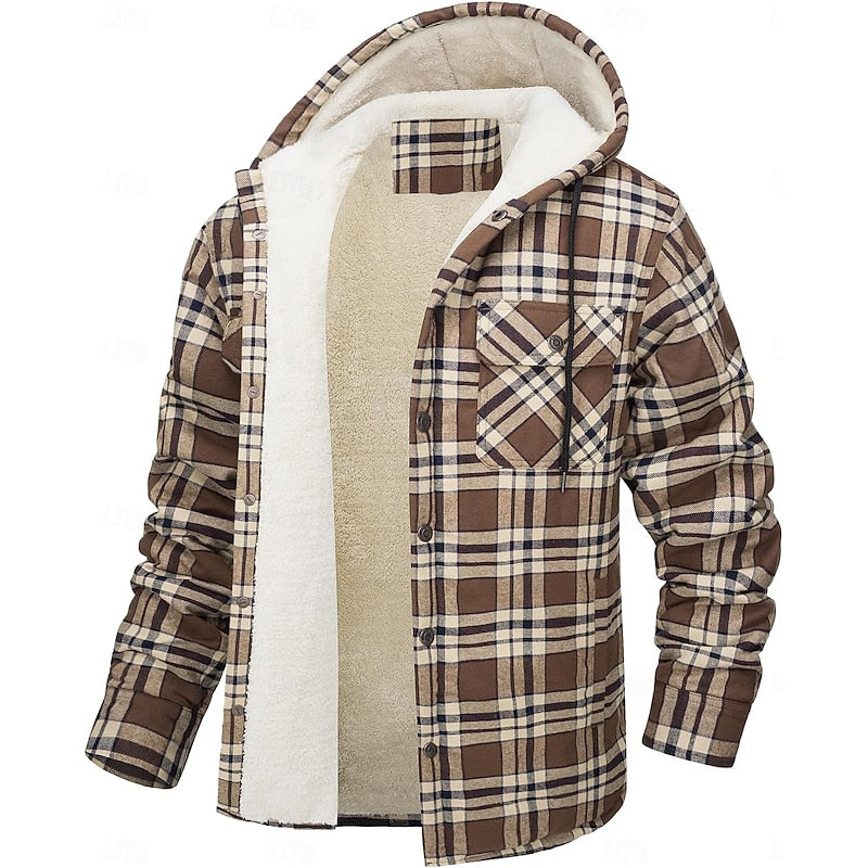 Men's hooded plaid shirt jacket with chest pockets for winter