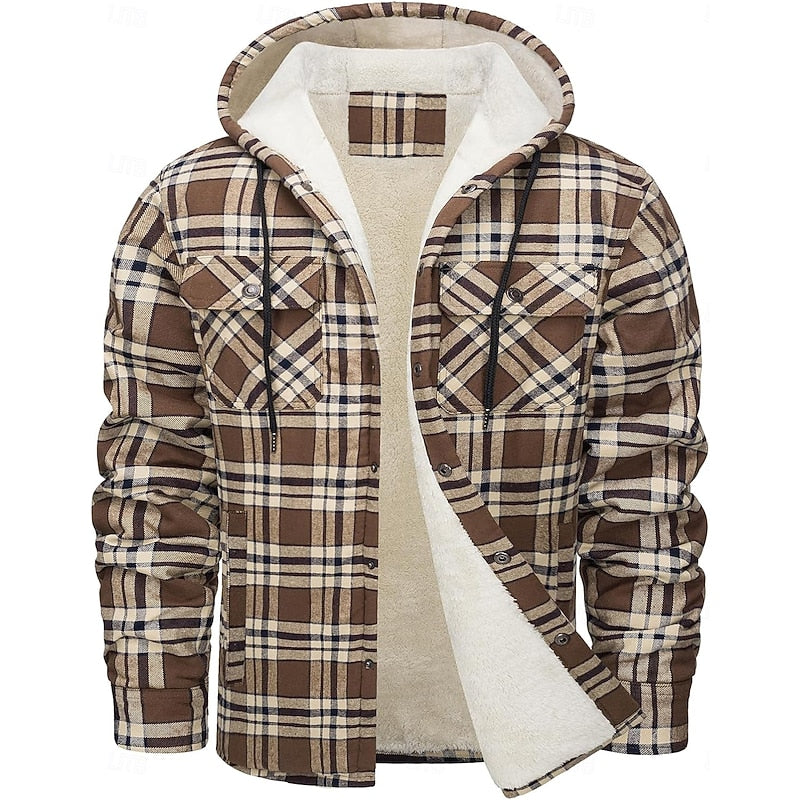 Men's hooded plaid shirt jacket with chest pockets for winter