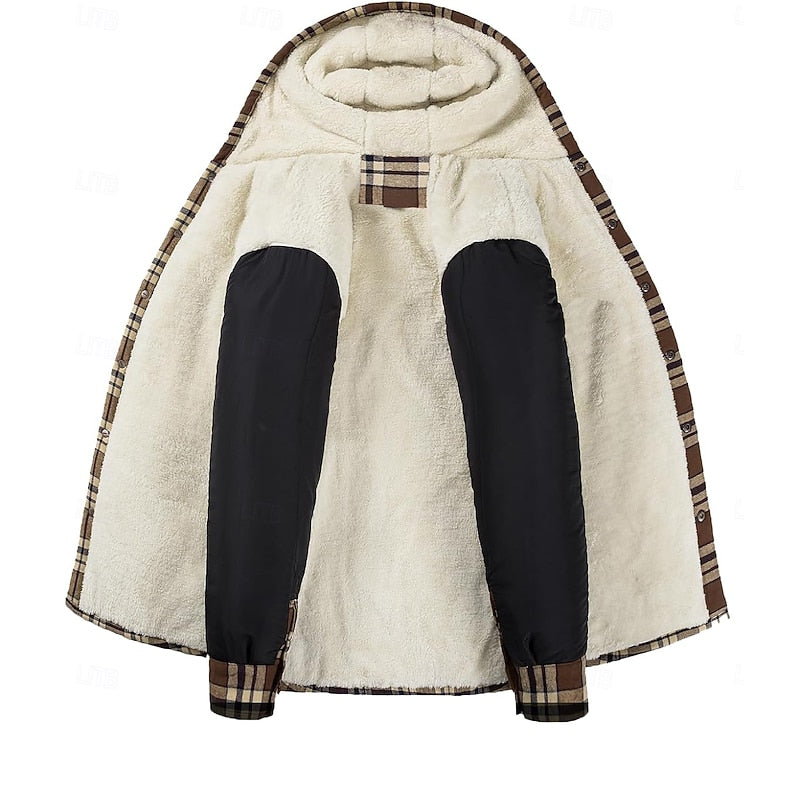 Men's hooded plaid shirt jacket with chest pockets for winter