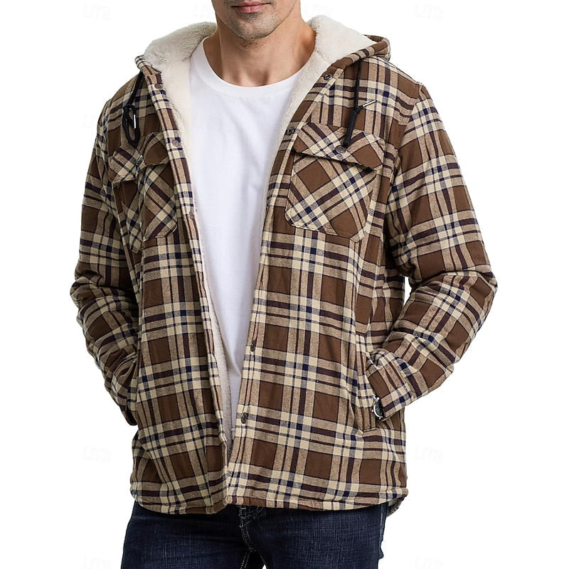 Men's hooded plaid shirt jacket with chest pockets for winter