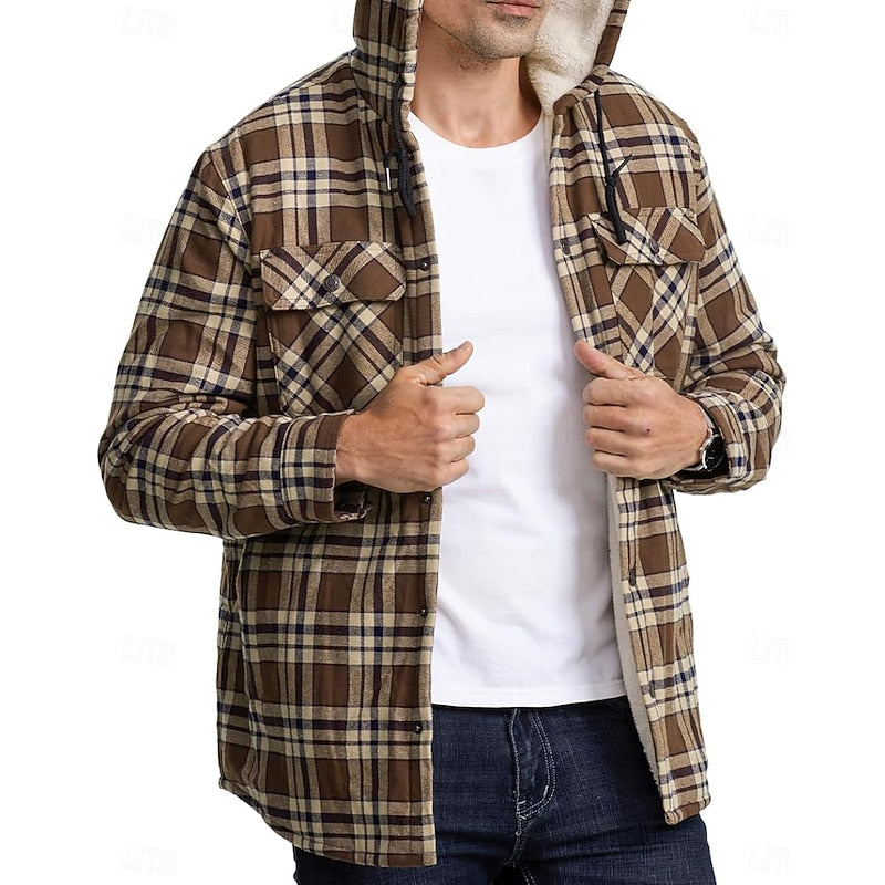 Men's hooded plaid shirt jacket with chest pockets for winter