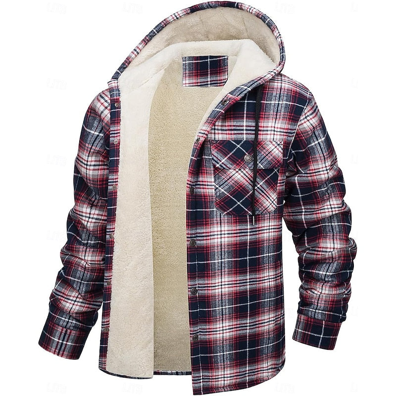 Men's hooded plaid shirt jacket with chest pockets for winter