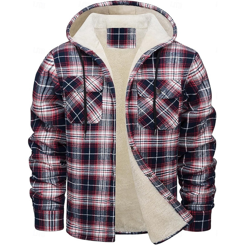 Men's hooded plaid shirt jacket with chest pockets for winter