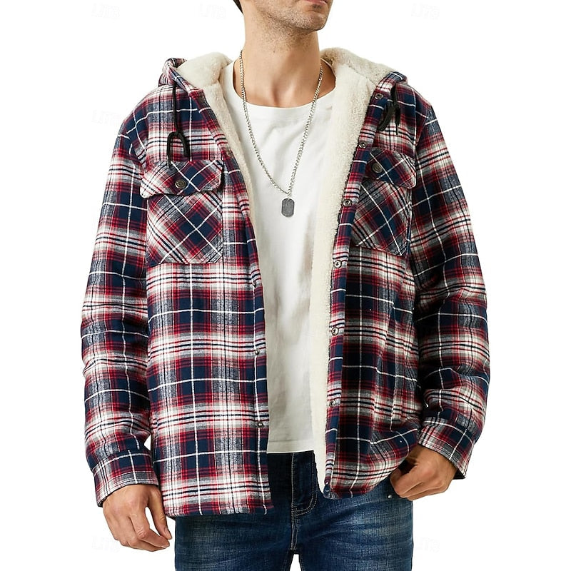 Men's hooded plaid shirt jacket with chest pockets for winter
