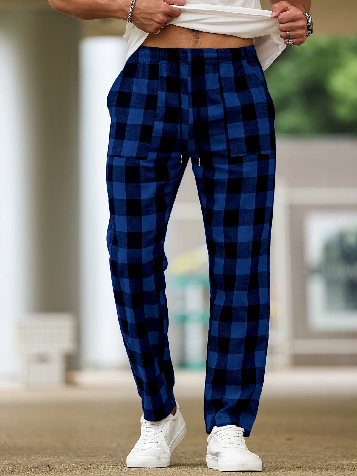 Men's plaid flannel lounge pants with an adjustable drawstring waist