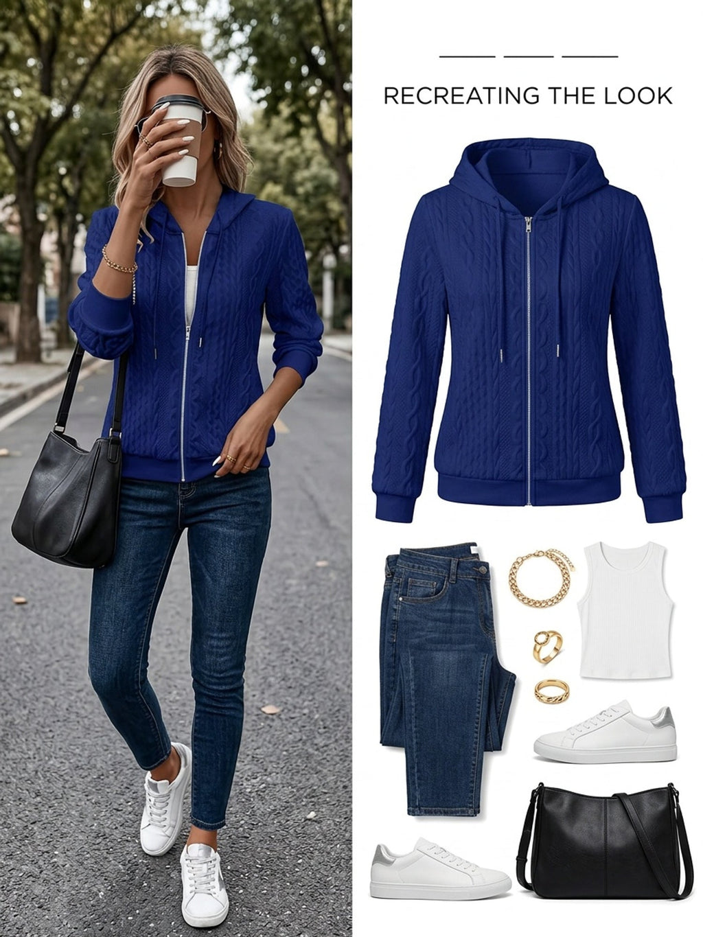 Women's Blue textured zip-up hooded jacket with a relaxed, casual fit