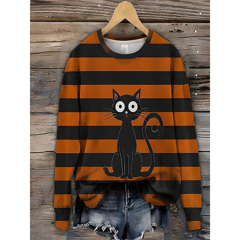 Women's Halloween sweatshirt with a black cat and orange striped print