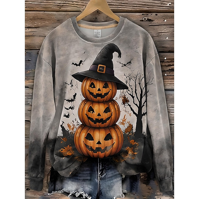 Women's Halloween sweatshirt with a jack-o-lantern and witch hat print