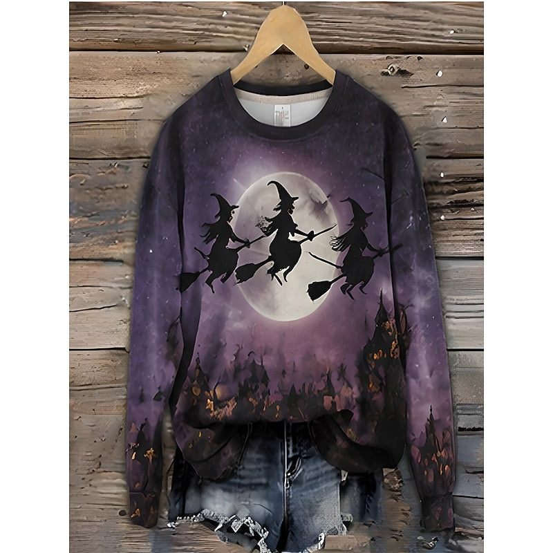 Women's Halloween sweatshirt with a flying witches and full moon print