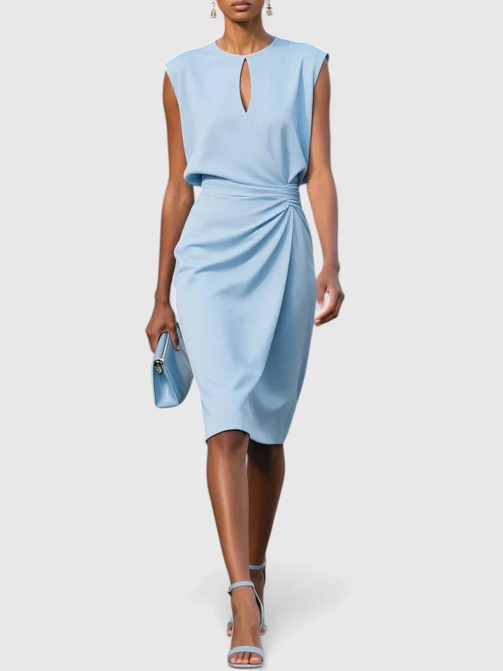 Women's light blue ruched waist midi dress with a keyhole neckline