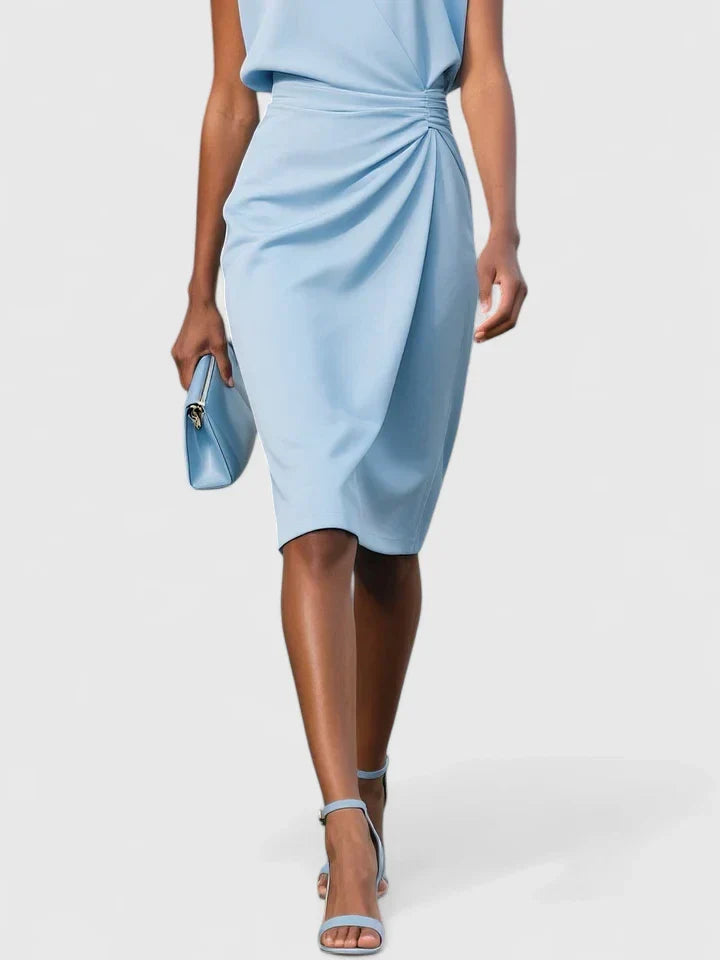 Women's navy blue ruched waist midi dress with a keyhole neckline