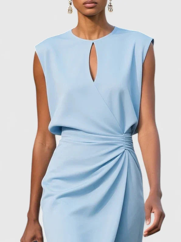 Women's navy blue ruched waist midi dress with a keyhole neckline
