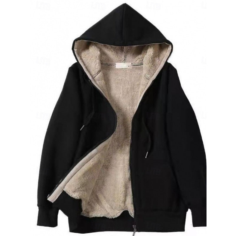 Women's fleece-lined hooded jacket with a zip-up front closure