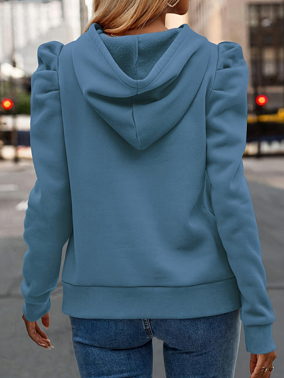 Women's Fog Blue puff-sleeve pullover hoodie with drawstring hood