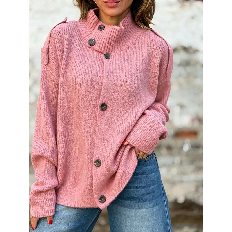 Women's ribbed knit button-front cardigan with a stand collar