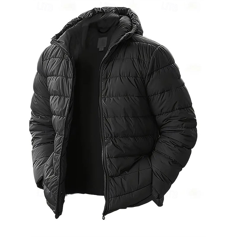 Men's black hooded quilted puffer jacket with insulated lining