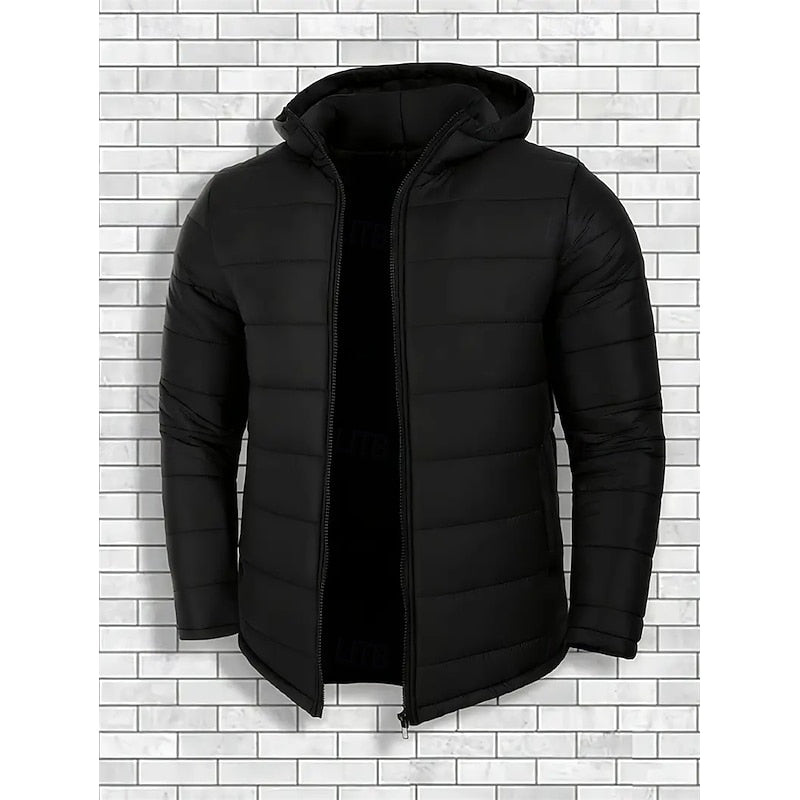 Men's black hooded quilted puffer jacket, front zipped up