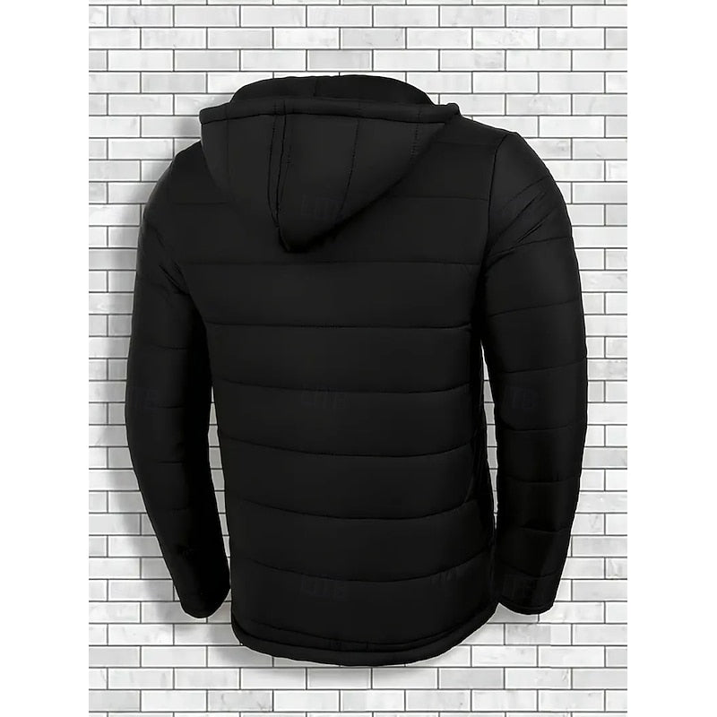 Men's black hooded quilted puffer jacket, back view
