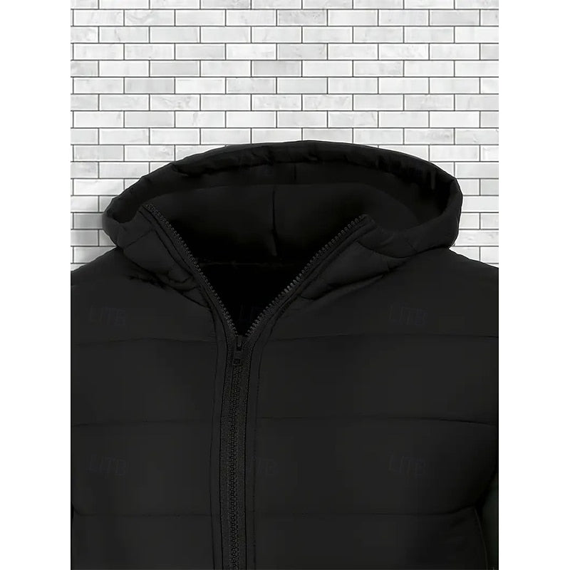 Men's black hooded quilted puffer jacket, hood and collar detail