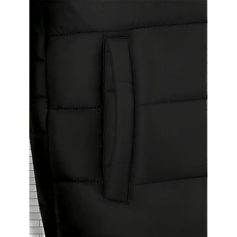 Men's black hooded quilted puffer jacket, side pocket detail