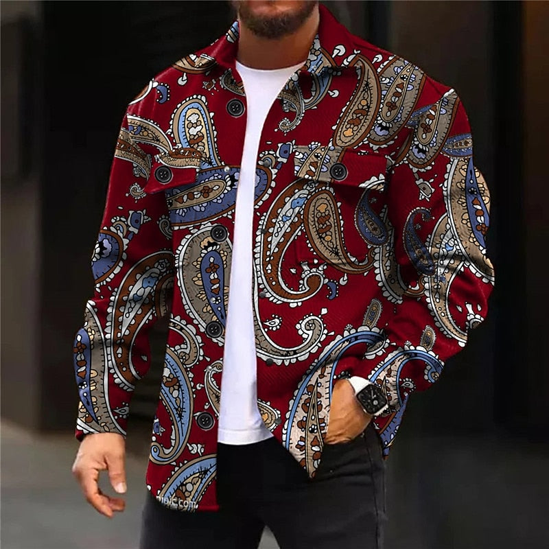 Men's burgundy paisley print shirt jacket with flap chest pockets