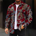 Men's burgundy paisley print shirt jacket with flap chest pockets