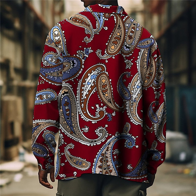 Men's burgundy paisley print shirt jacket with spread collar, back view