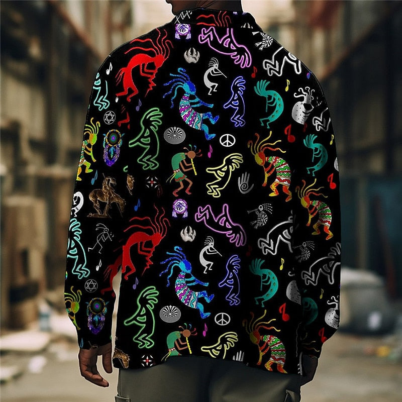 Men's black graphic print shirt jacket with flap chest pockets