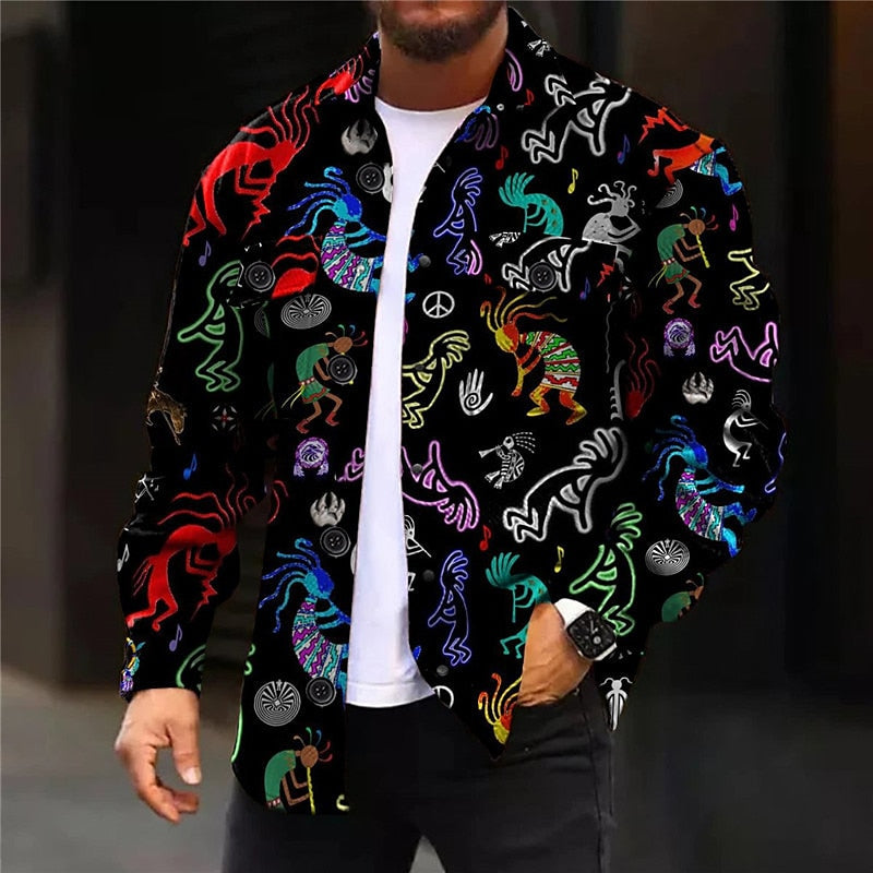 Men's black graphic print shirt jacket with flap chest pockets