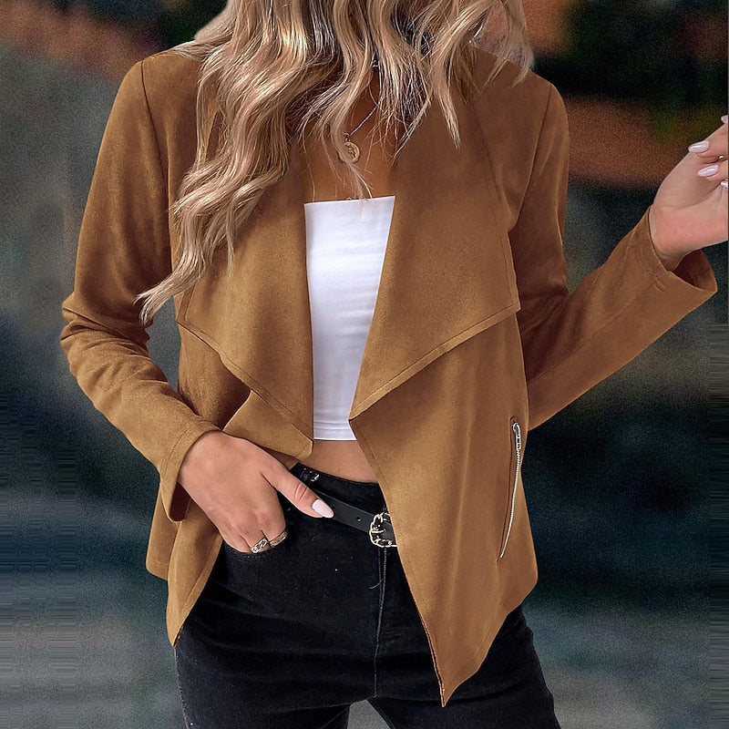 Women's draped open-front duster jacket with zip pocket