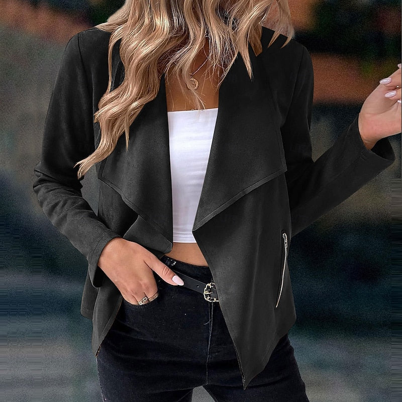 Women's draped open-front duster jacket with zip pocket