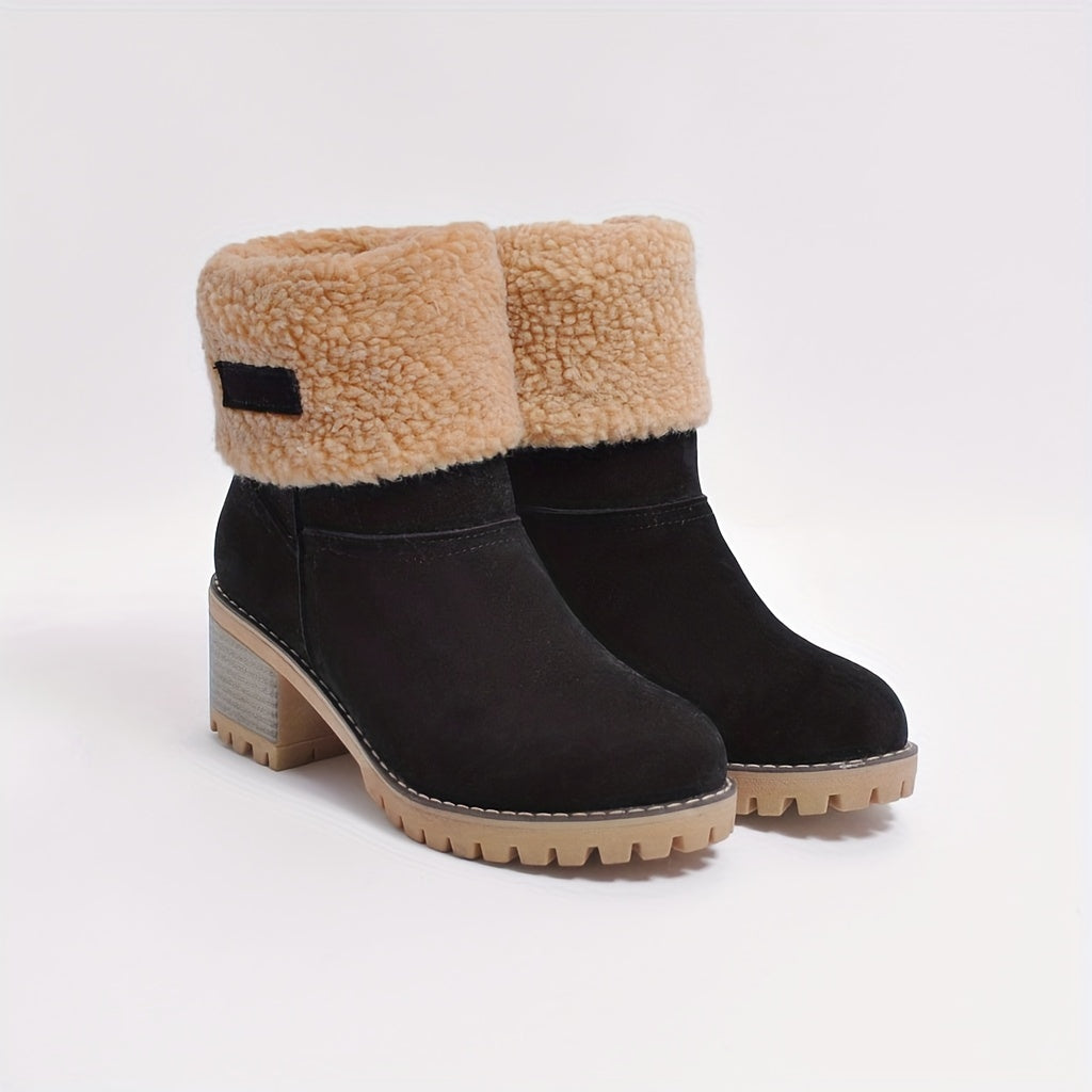 Women's cuffed block heel ankle boots with treaded sole