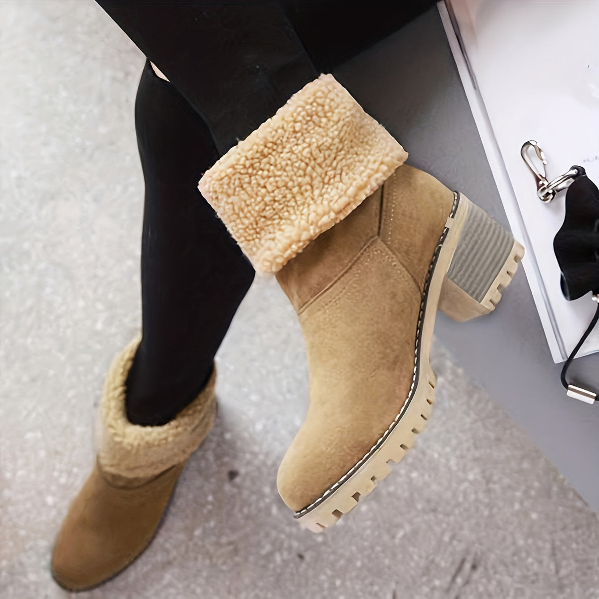 Women's cuffed block heel ankle boots with treaded sole