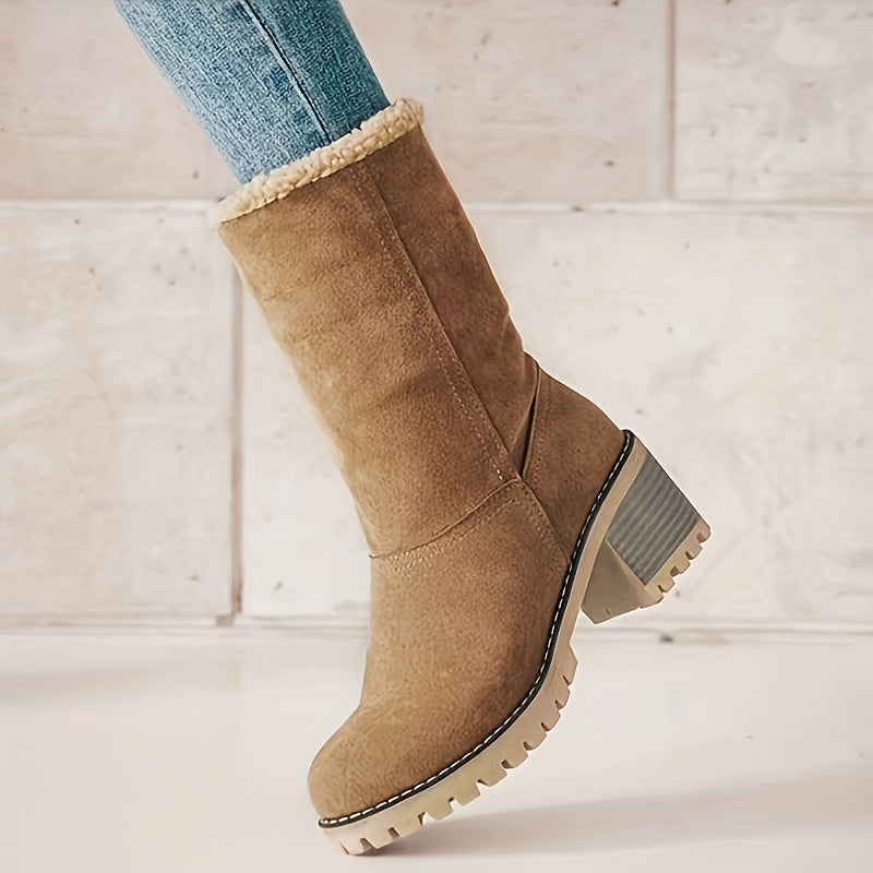 Women's cuffed block heel ankle boots with treaded sole