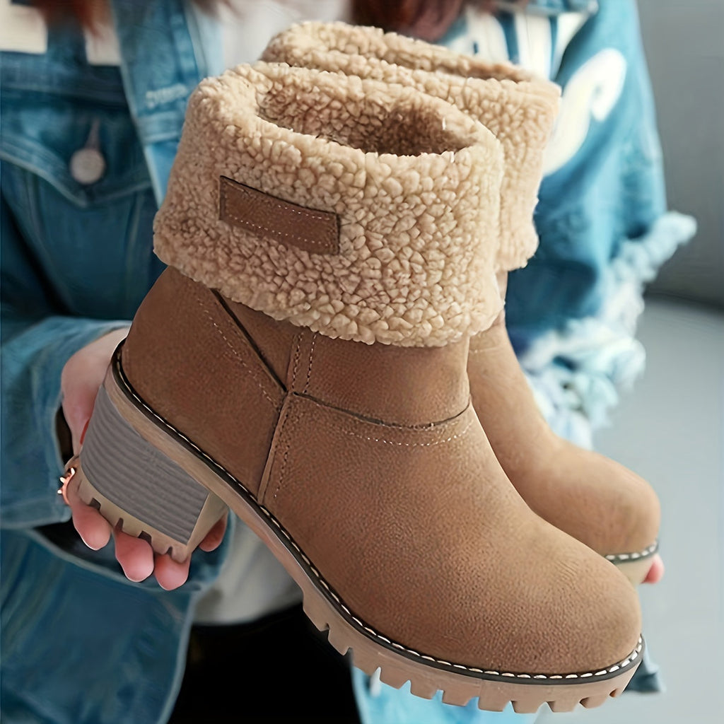 Women's cuffed block heel ankle boots with treaded sole