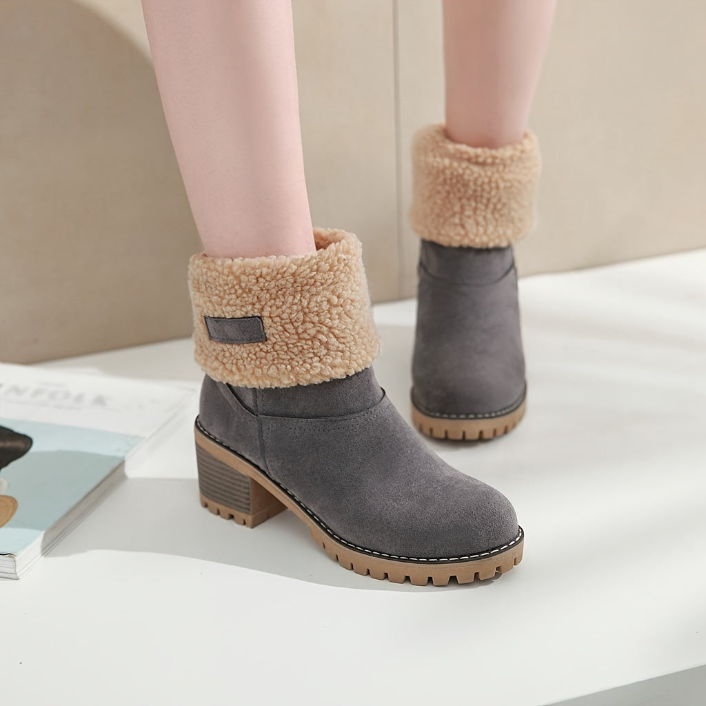 Women's cuffed block heel ankle boots with treaded sole