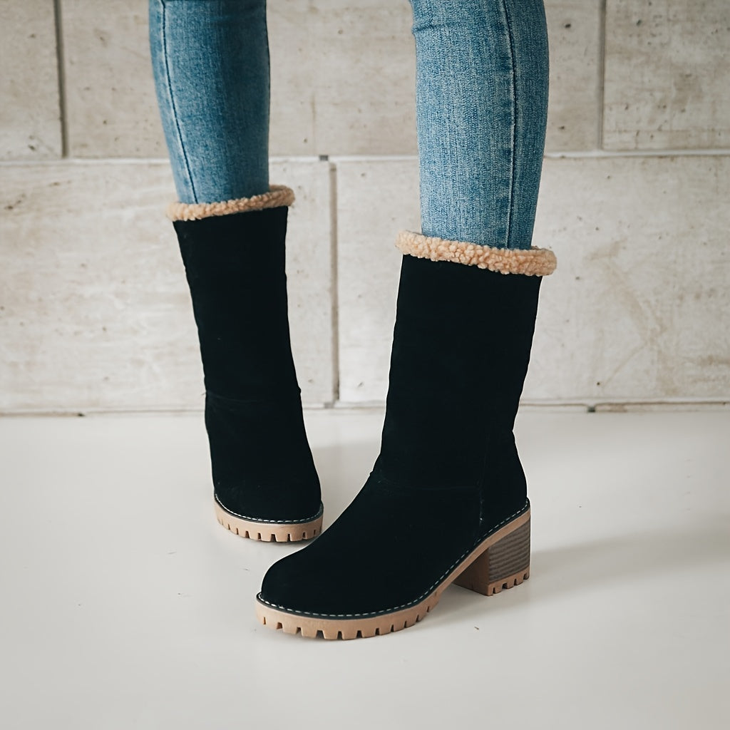 Women's cuffed block heel ankle boots with treaded sole