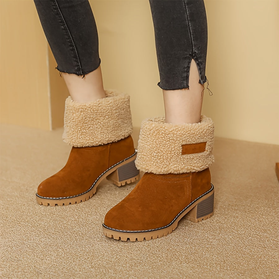 Women's cuffed block heel ankle boots with treaded sole