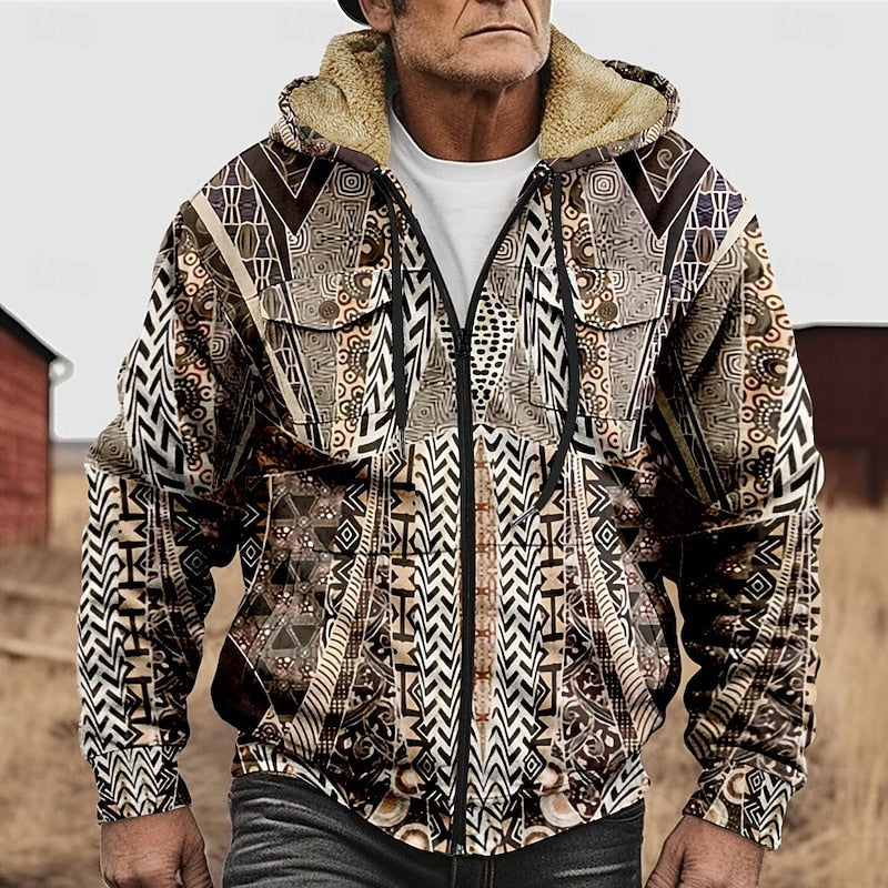 Men's khaki patterned zip-up jacket with lined hood