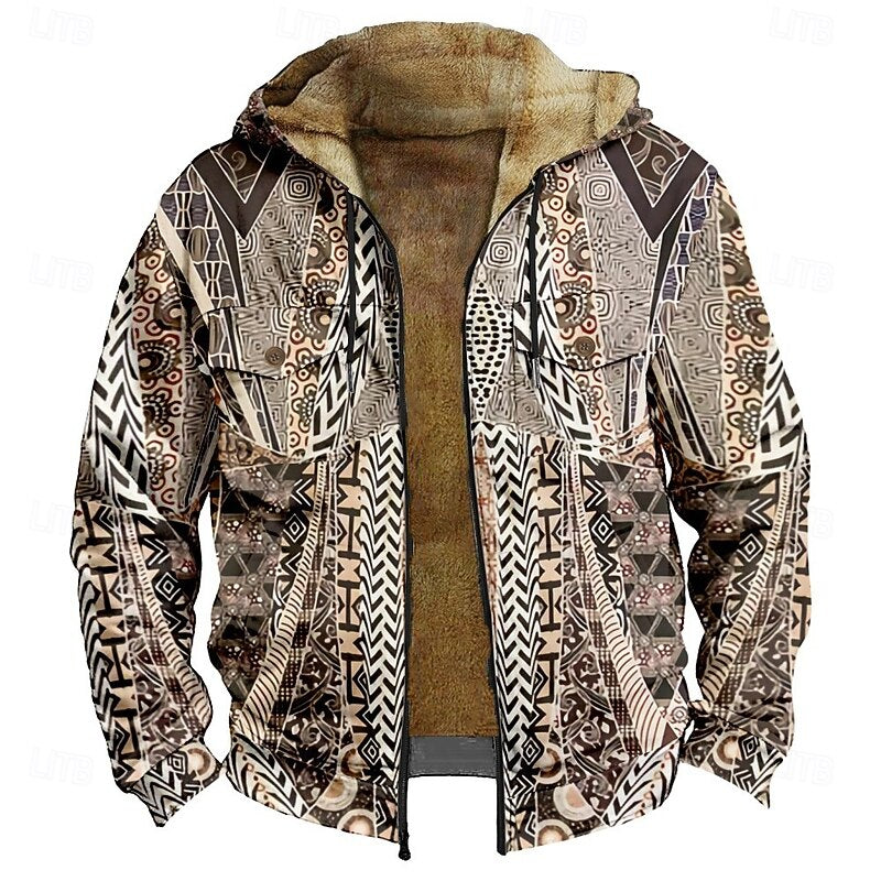 Men's khaki patterned zip-up jacket with lined hood