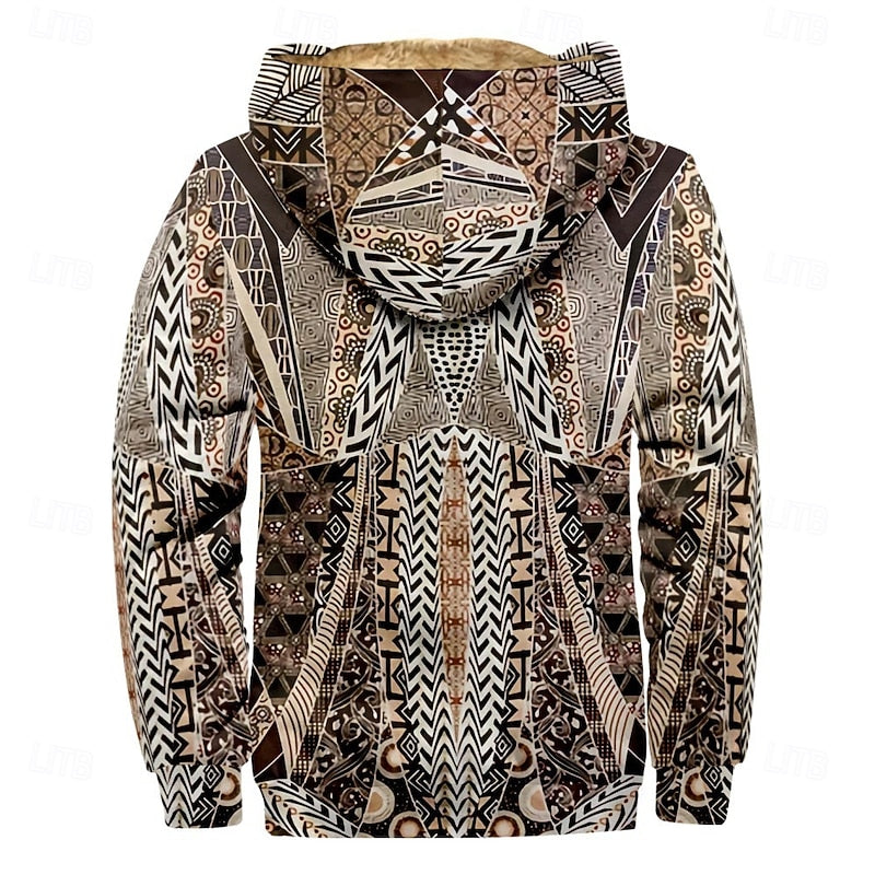 Men's khaki patterned zip-up jacket with lined hood