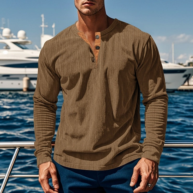 Men's brown ribbed henley shirt, close-up of button placket