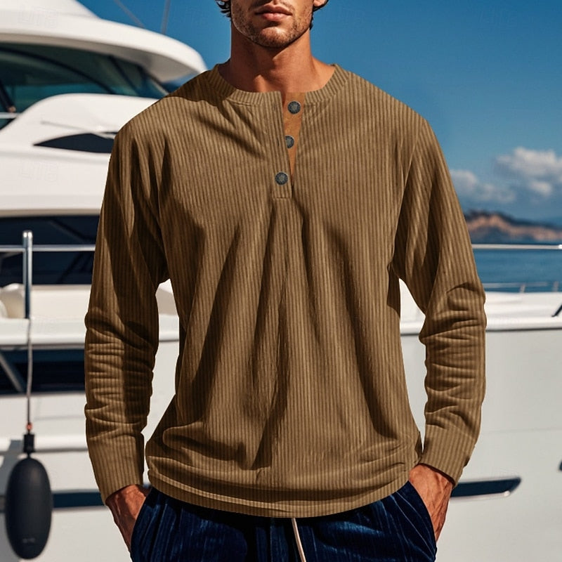 Men's brown ribbed henley shirt with three-button placket