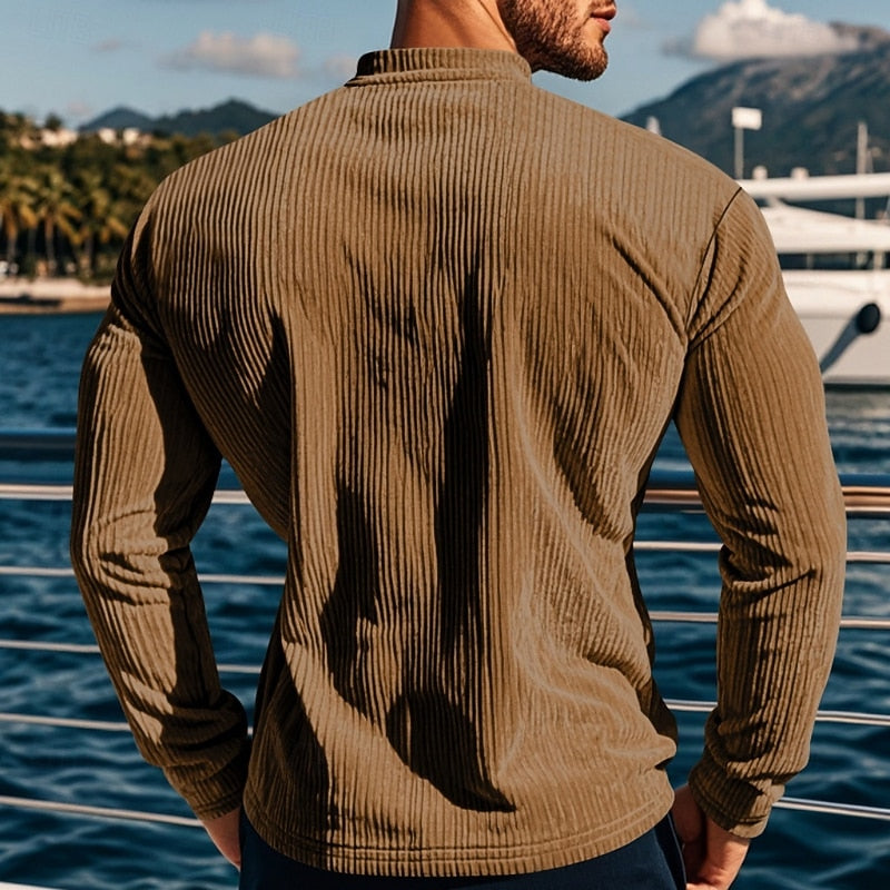 Men's brown ribbed henley shirt, back view with vertical texture