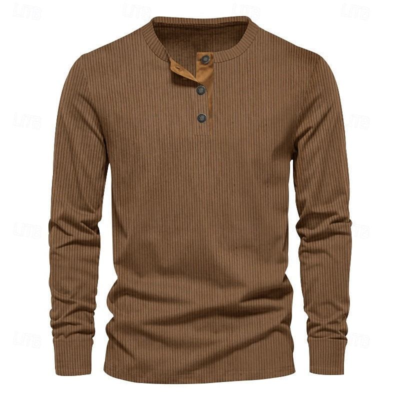 Men's brown ribbed henley shirt, close-up of collar and buttons