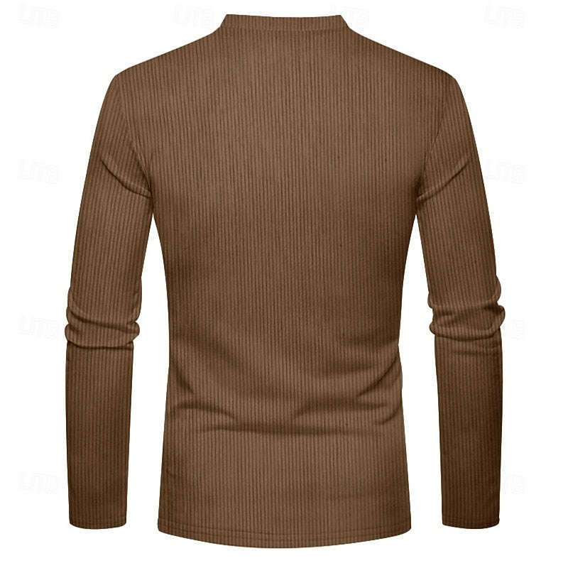Men's brown ribbed henley shirt, close-up of collar and buttons