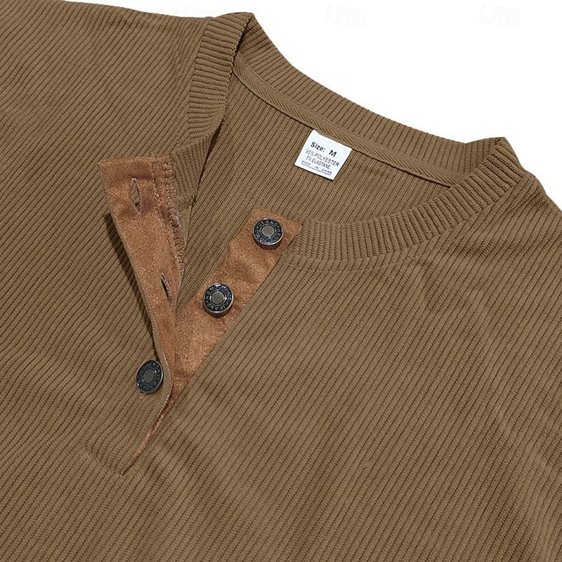 Men's brown ribbed henley shirt, close-up of collar and buttons