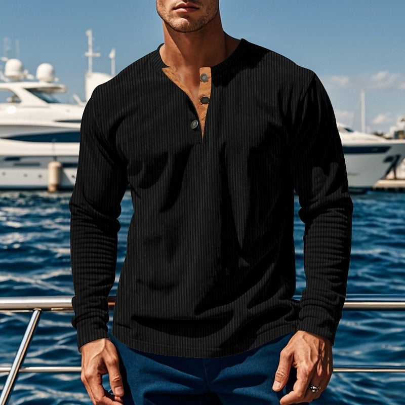 Men's brown ribbed henley shirt, close-up of collar and buttons