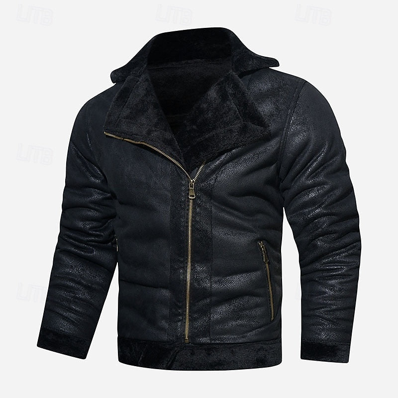 Men's black faux leather biker jacket with sherpa-lined collar